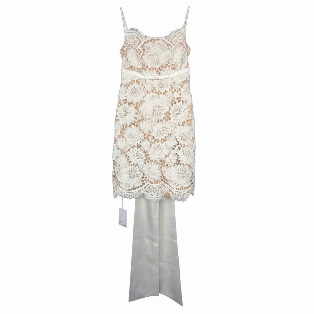 Self-Portrait NWT Open Back Satin Trimmed Lace w/ Bow Mini Dress in White Size 6